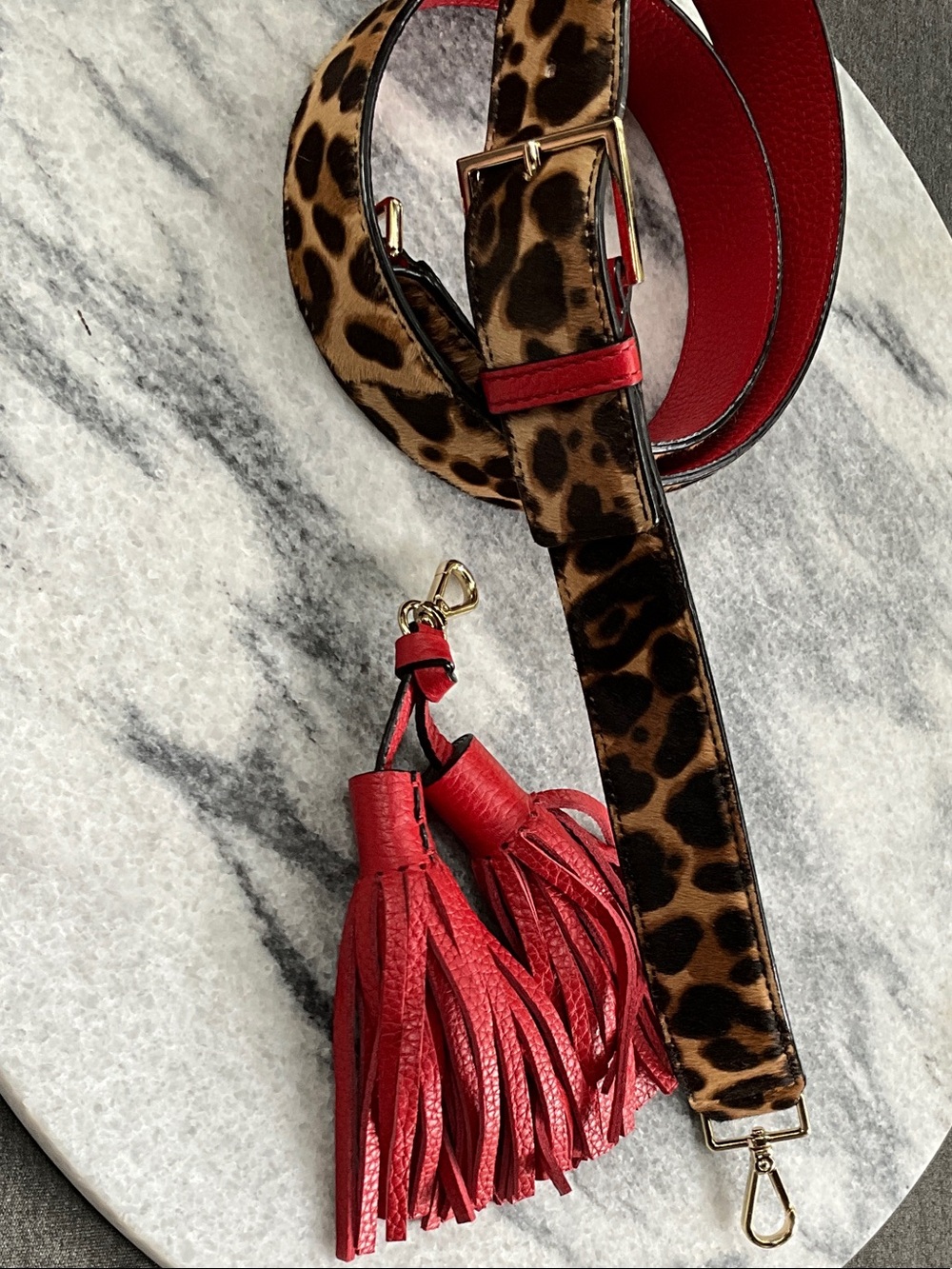 kate spade Red Leather and Ponyhair Leopard Print Replacement Strap with Tassel